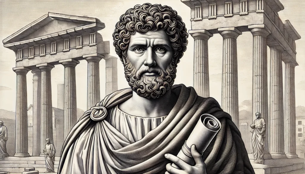 Dall·e 2024 10 17 13.10.26 A Detailed Depiction Of Hippocrates The Ancient Greek Physician Standing With A Scroll In His Hand. He Wears A Traditional Greek Toga With A Seriou